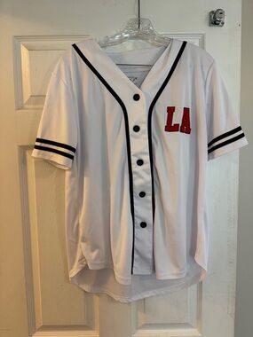 White Baseball Jersey with Red LA Patch , Black Trim and a cute Teddy Bear Back